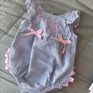 Blue Striped Baby Bubble Romper with Pink Accents Monogrammed BGR